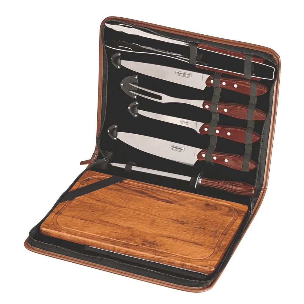 JUEGO P/ ASADO TRAMONTINA 8PZAS CHURRASCO CEREZO CAJA MADERA 20159