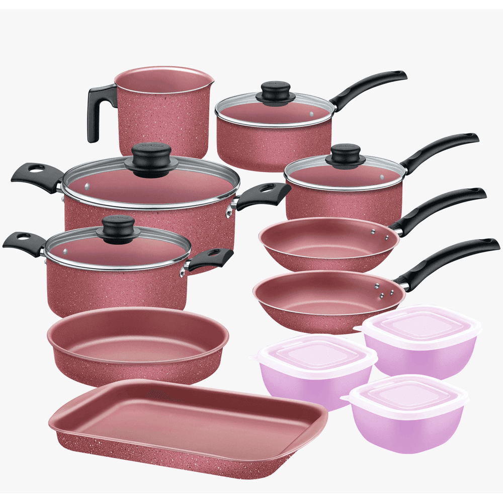 JUEGO DE OLLAS TRAMONTINA TURIM 12 PIEZAS CON POTES COLOR ROSA 27899/491 28876