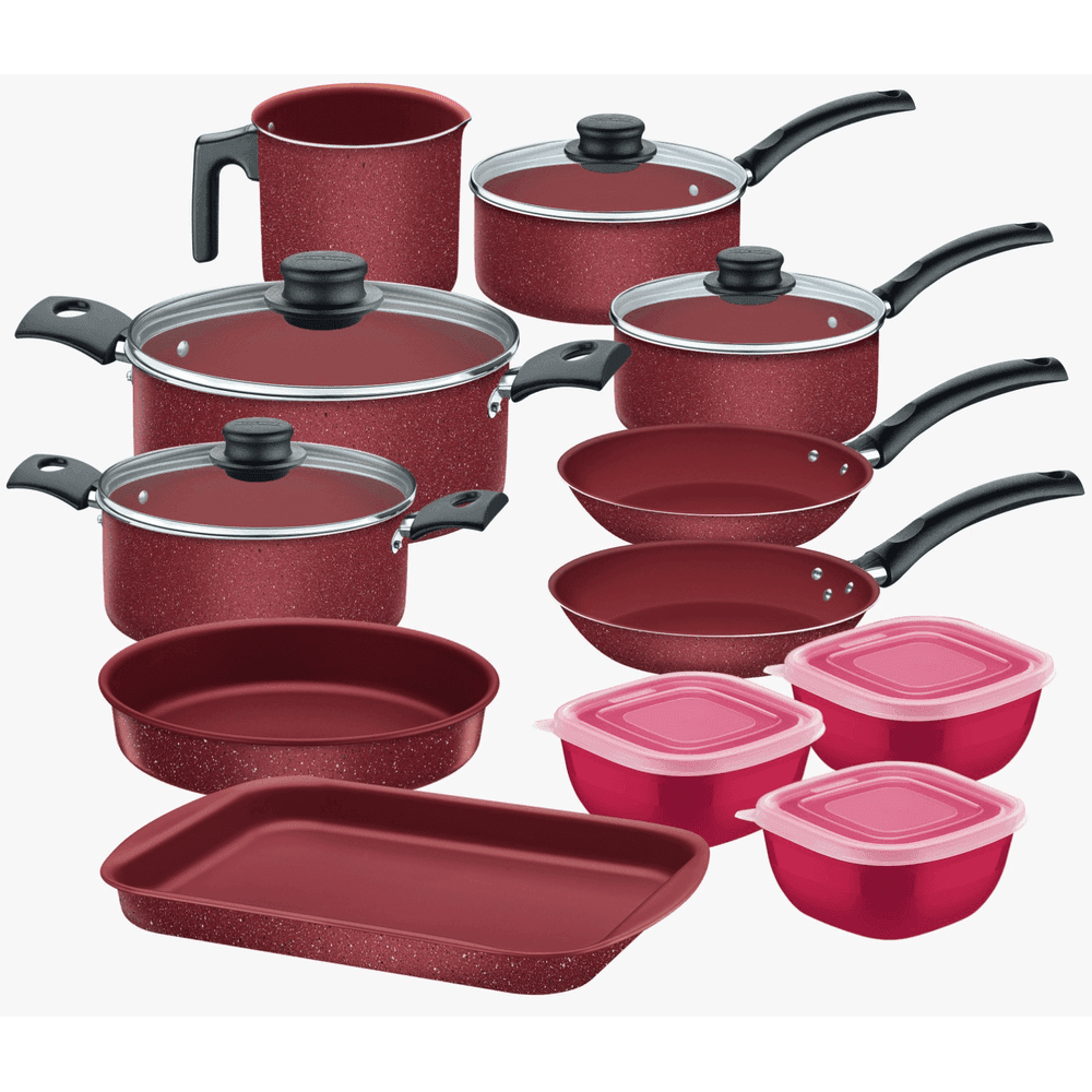 JUEGO DE OLLAS TRAMONTINA TURIM 12 PIEZAS CON POTES COLOR ROJO 27899/490 29861