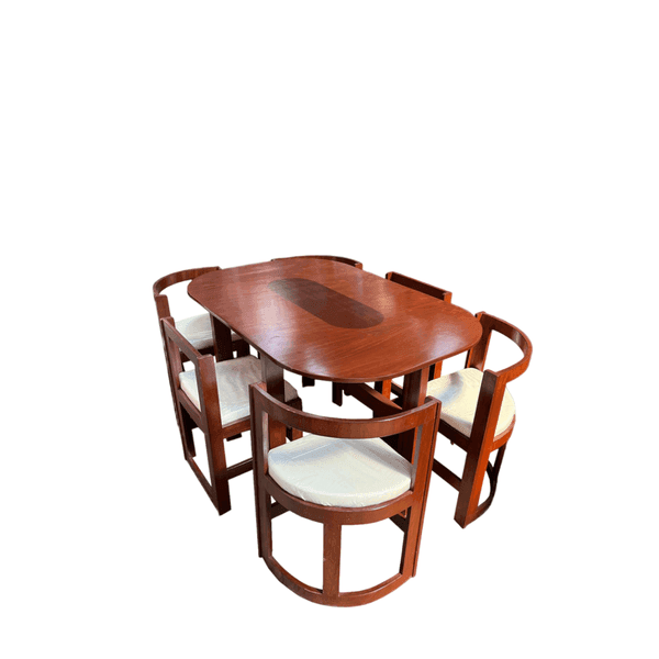 JUEGO DE COMEDOR REDONDO CEDRO 6 SILLAS TAPIZADAS BEIGE RAMAD MUEBLES