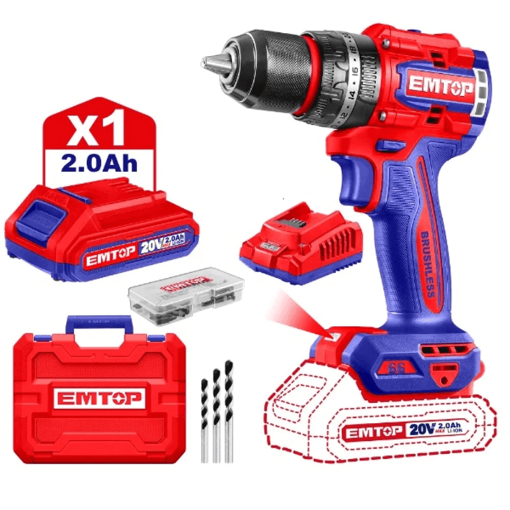 TALADRO PERCUTOR 13MM BL. 66NM 2X BAT. 20V 2AH (COMPACT) (M) EMTOP ECIDL206682 33011