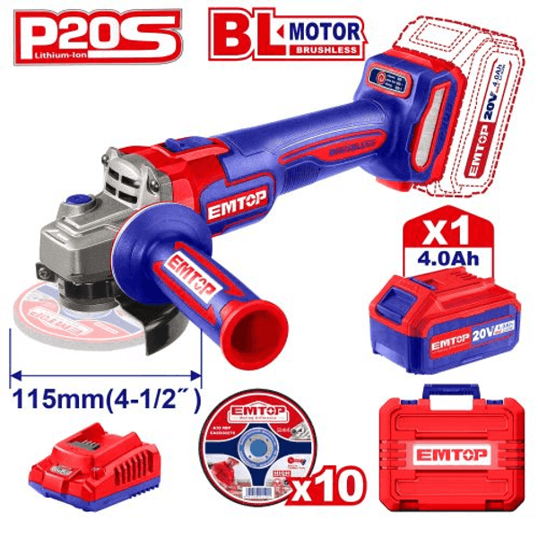 AMOLADORA 115MM BL 900W+ACC 1XBATERIA 20V 4AH EMTOP ELAG211541