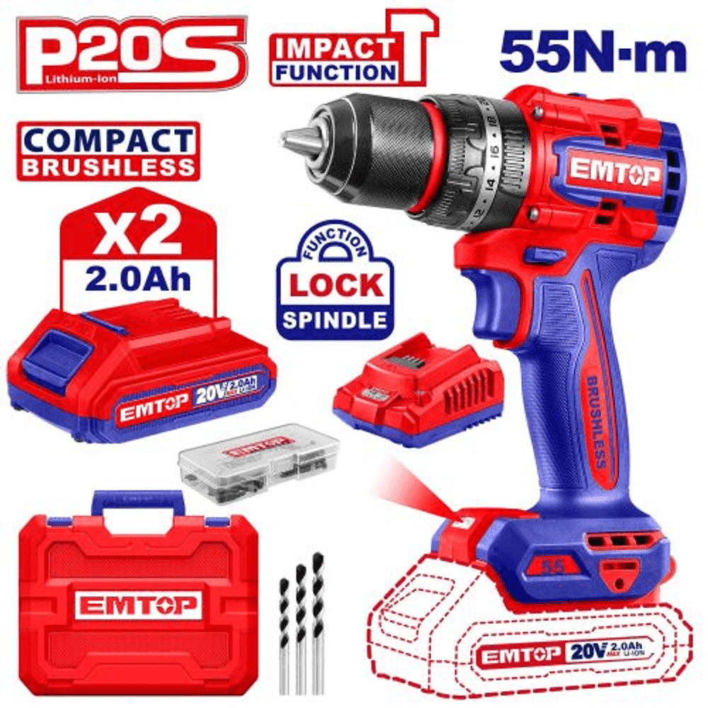 TALADRO PERCUTOR 13MM BL.55NM 2X BAT 20V 2AH(COMPACT) (M) EMTOP ECIDL20558 33454