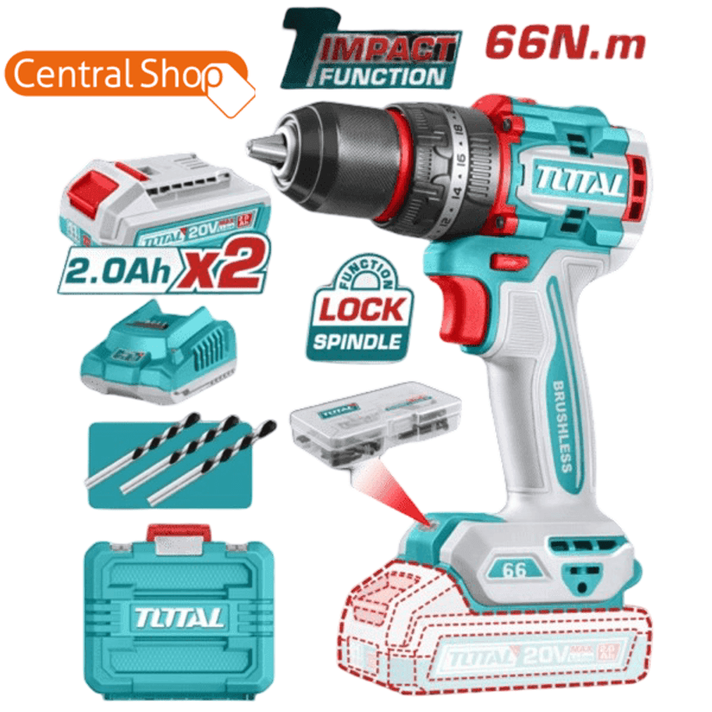 TALADRO DE IMPACTO PERCUTOR A BATERIA TOTAL 20V 66NM COMPACTO BL-2BAT/CAR- TIDLI20668 33999