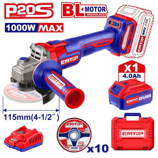 AMOLADORA 115MM BL 1000W + ACC. 1X BATERIA 20V 4AH. (M) EMTOP ELAG271531