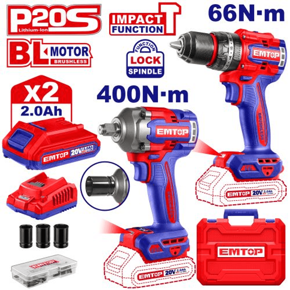 COMBO TALADRO PERC. + LLAVE DE IMPAC. BL 2X BAT 20V 2AH. + ACC. (M) EMTOP ECKL20275 35478