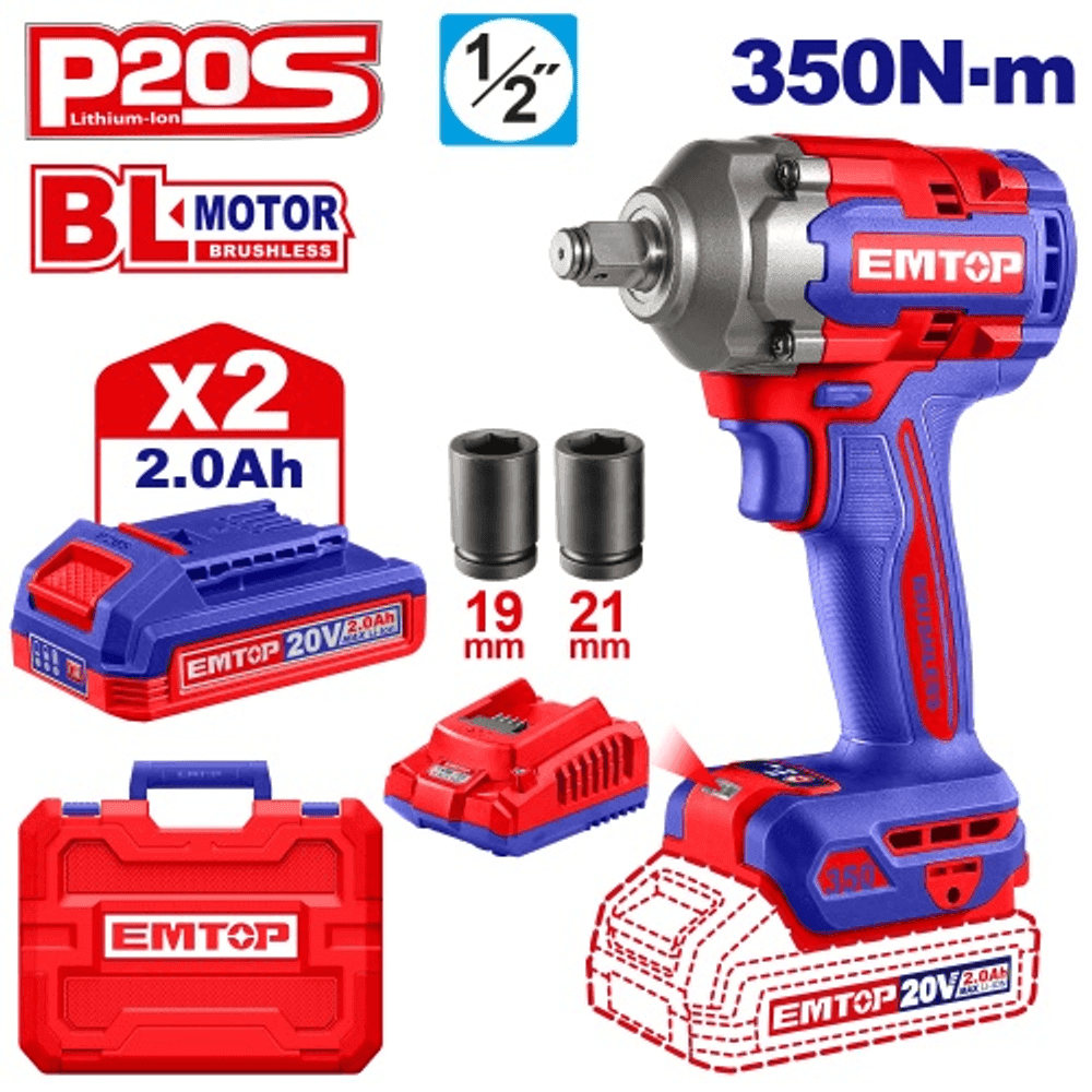 LLAVE DE IMPACTO 1/2" BL 350NM 2X BAT 20V 2AH + ACC. (M) EMTOP/ ECIWL2035 38575