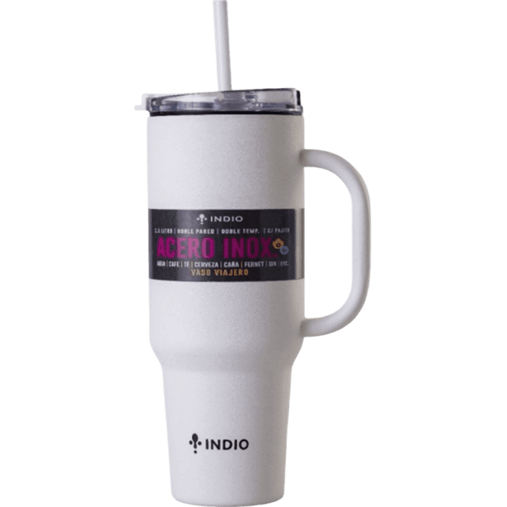 VASO TERMICO AC.INOX.C/MANIJA Y PAJITA 1,1L BLANCO VIAJERO INDIO 39785