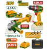 COMBO TALADRO PERCUTOR + AMOLADORA. BL 2X BAT 20V 2AH. + 4AH. + ACC. (M) JADEVER JDCK20273 40782