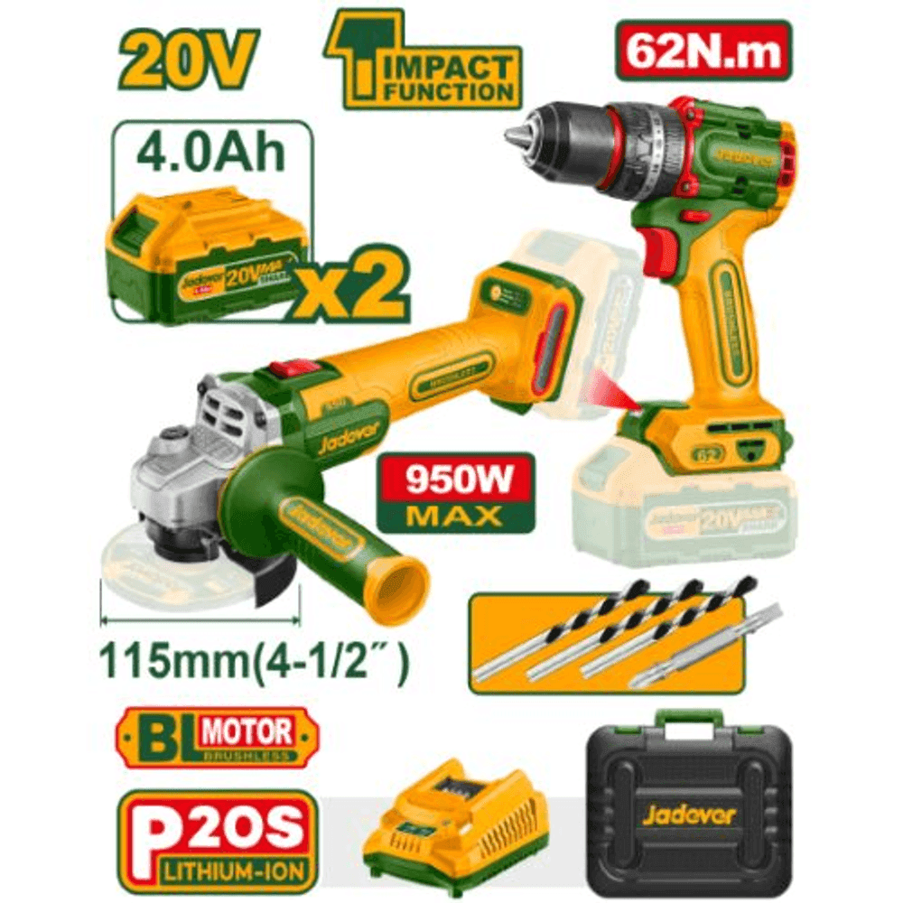 COMBO TALADRO PERCUTOR + AMOLADORA. BL 2X BAT 20V 2AH. + 4AH. + ACC. (M) JADEVER JDCK20273 40782