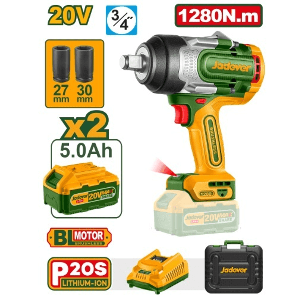 LLAVE DE IMPACTO 3/4" 1280NM BL. 2X BAT 20V 5AH (M) JADEVER JDCD1B128 41157