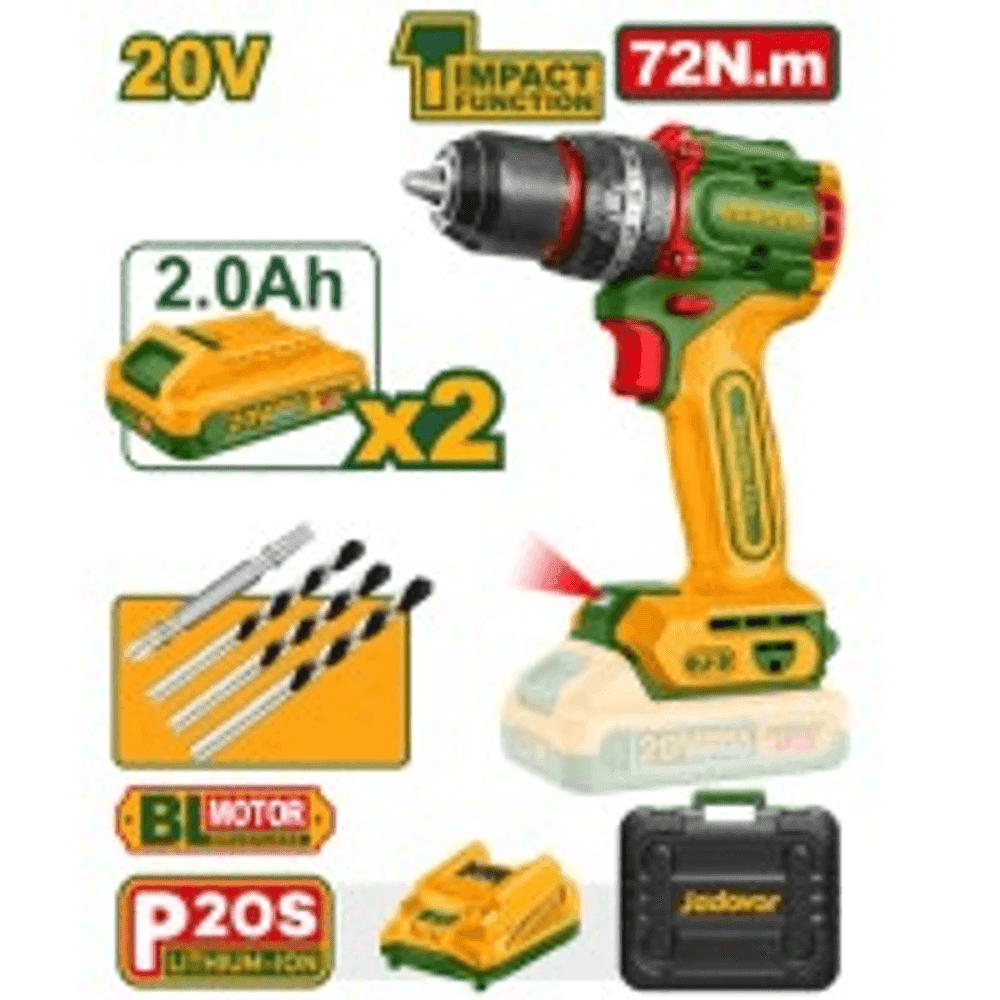 TALADRO PERCUTOR JADEVER 13MM BL. 72NM 2X BAT. 20V 2AH (COMPACT) (M) JDCDP7281 41416