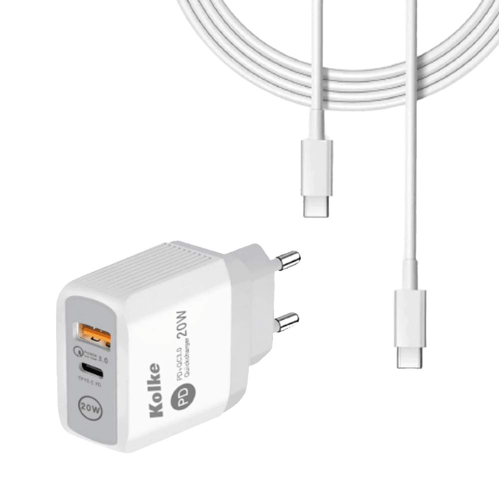 CARGADOR RAPIDO DE PARED KOLKE USB PD + QC 3.0 BLANCO KCR-2706 630700