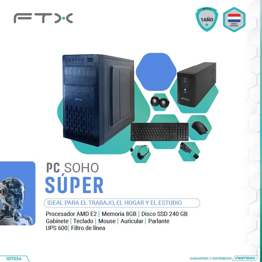 COMPUTADORA FTX SOHO SUPER E2/240SSD/8G + UPS 800W + FILTRO + AURICULAR + MOUSE + TECLADO 107334