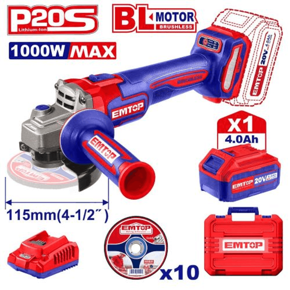 AMOLADORA 115MM BL 1000W + ACC. 1X BATERIA 20V 4AH. (M) EMTOP ELAG271531 35415