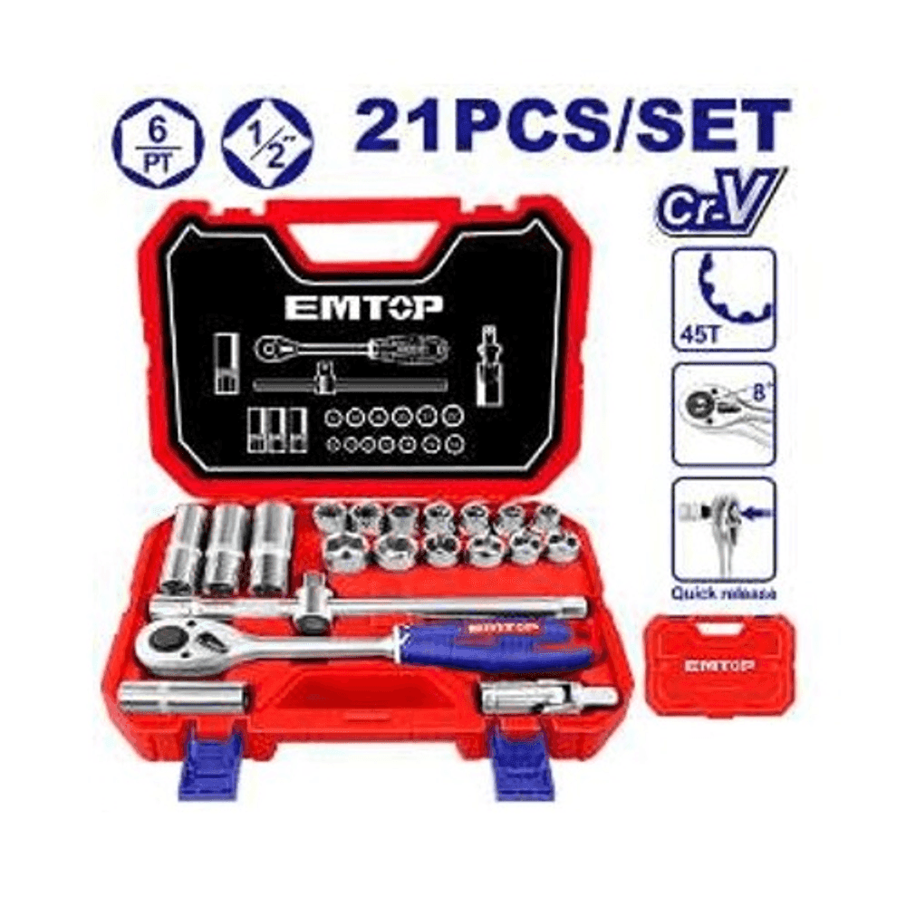 JUEGO DADOS 1/2' HEXAGONALES CRV. 21PZAS. MALETIN EMTOP ESKT12211 35453