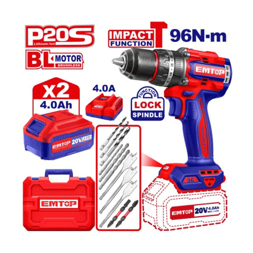 TALADRO PERCUTOR 13MM BL. 96NM 2X BAT. 20V 4AH (COMPACT) (M) EMTOP ECIDL20968 35471