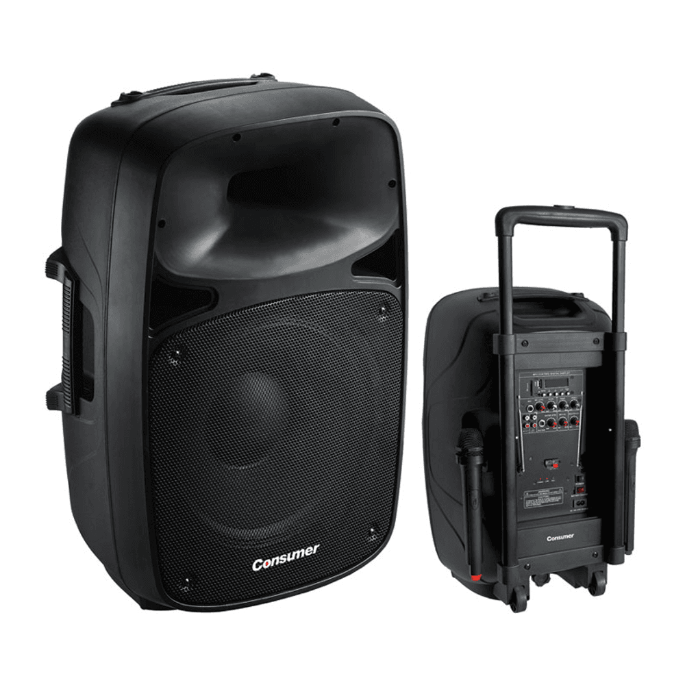 PARLANTE AMPLIFICADOR SPEAKER BOX 15" BLUETOOTH + 2 MICRÓFONOS , CON PEDESTAL DE REGALO .CONSUMER 38418