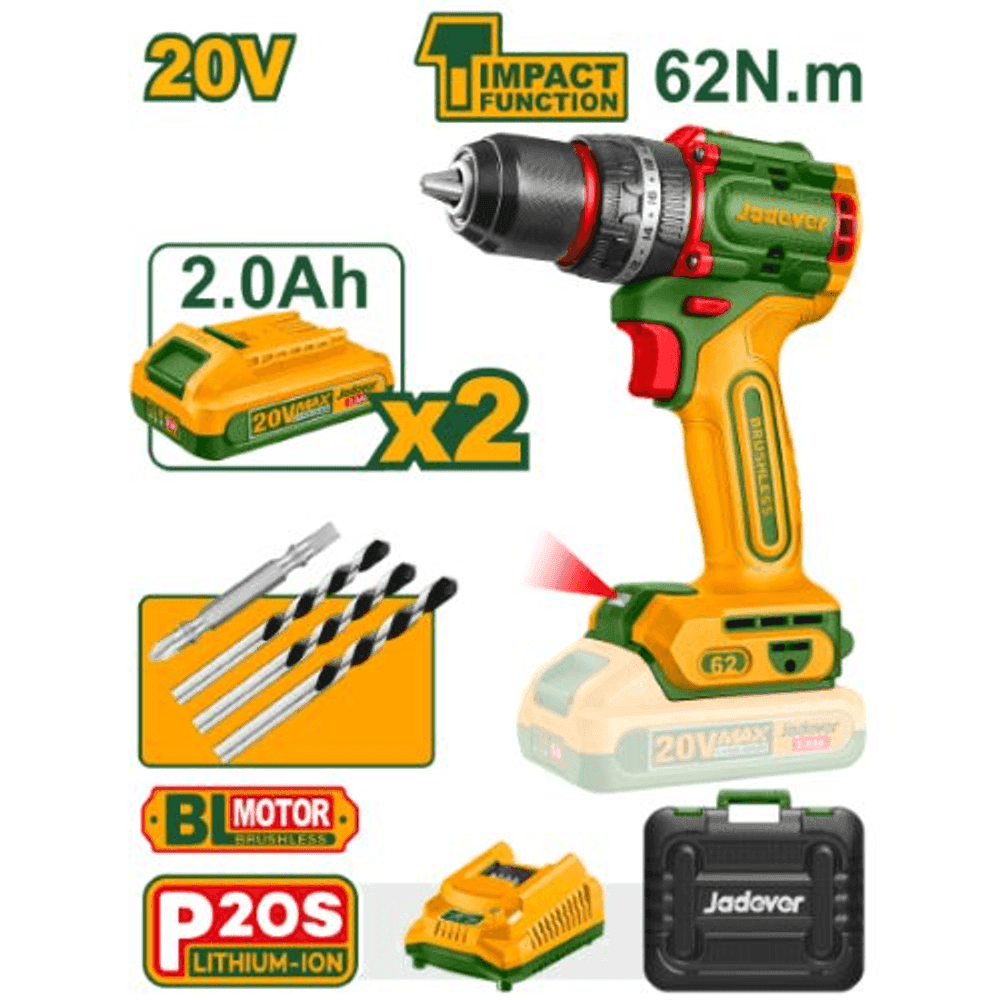 TALADRO PERCUTOR 13MM BL. 62NM 2X BAT. 20V 2AH (COMPACT) (M) JADEVER JDCDP6281 40815