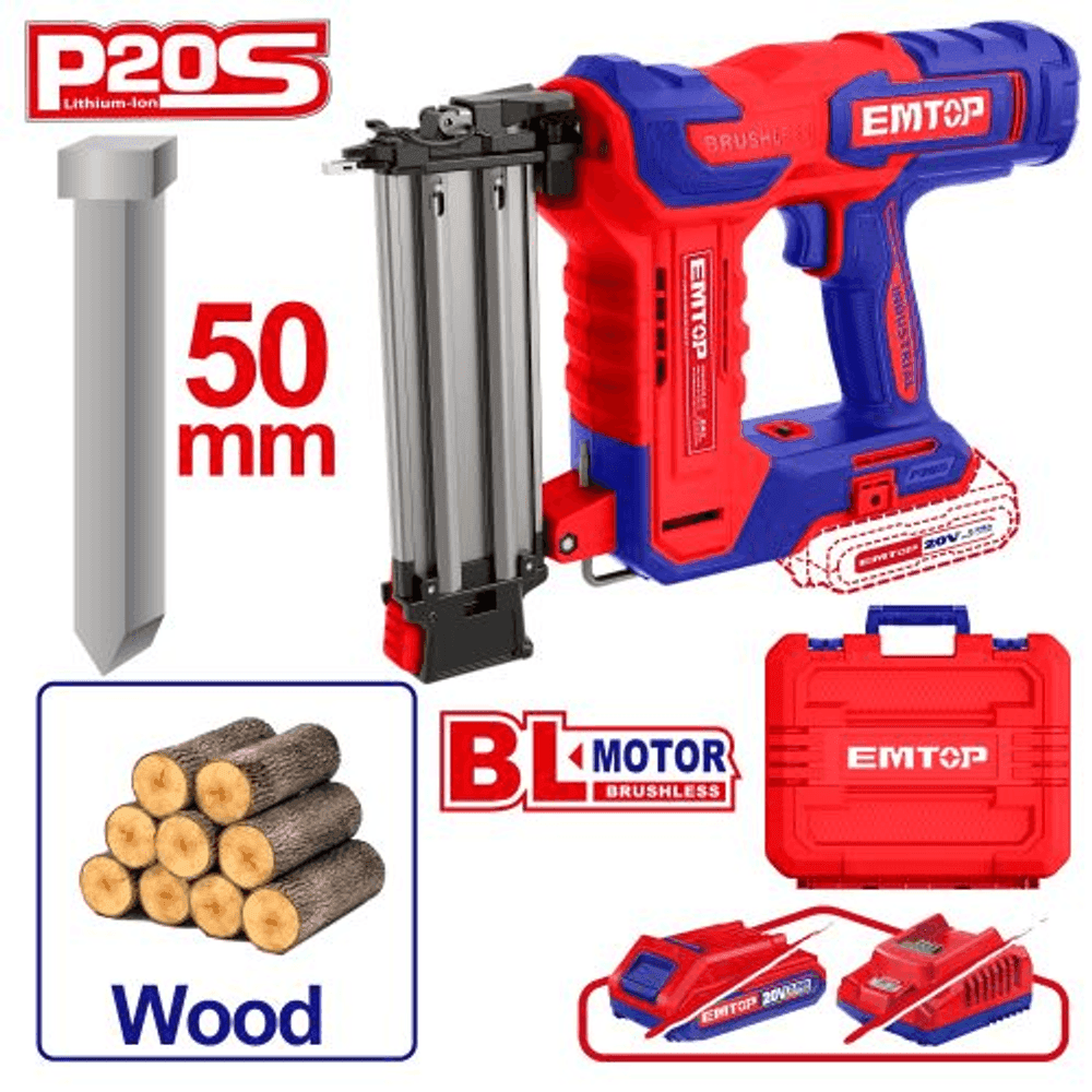 PISTOLA PARA CLAVOS (15-50MM). BL 20V + ACC. SIN BATERIA (M) EMTOP ELBNLI5005 41316