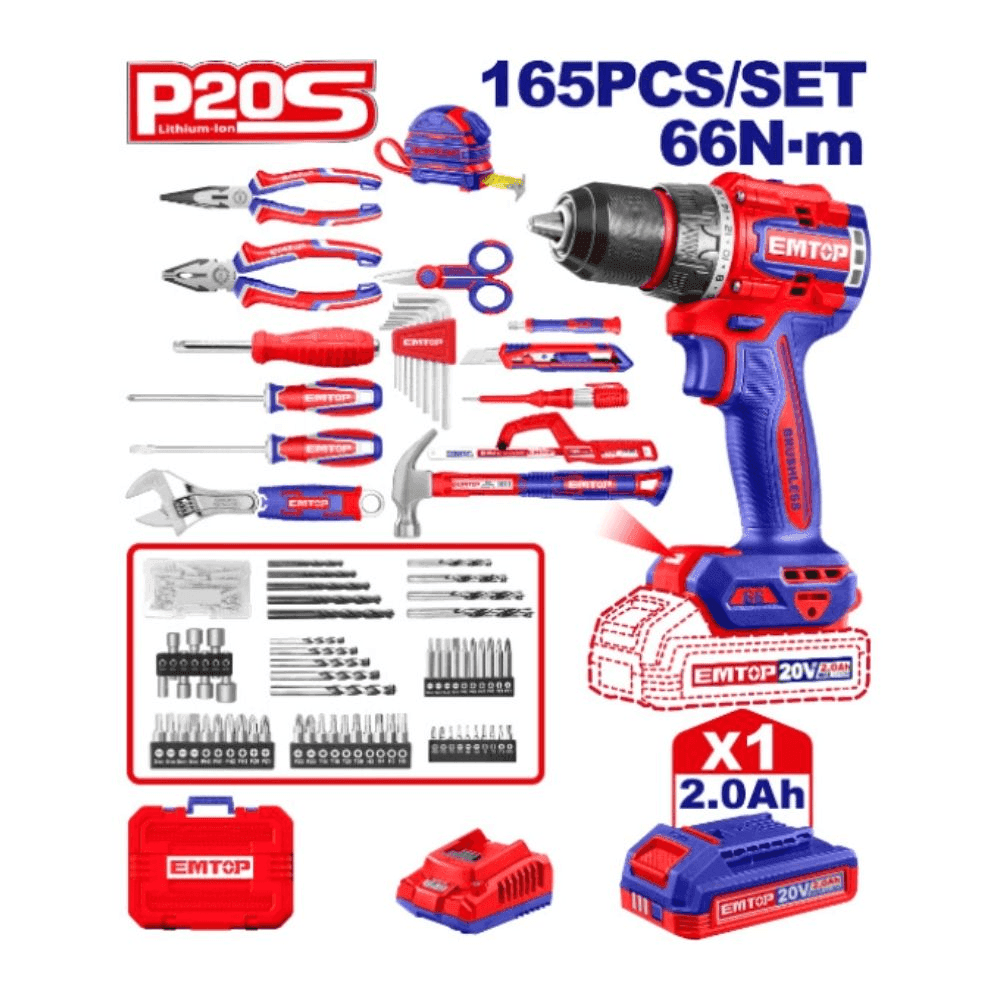 JUEGO DE 165 PZAS + TALADRO PERCUTOR 66NM 20V. (M) EMTOP EEDK16501 44337