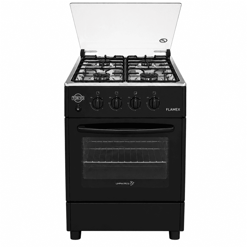 COCINA A GAS TOKYO FLAMEX NEGRO 4H MESA INOX TAPA DE VIDRIO HORNO LIMPIA FACIL T3678 48072