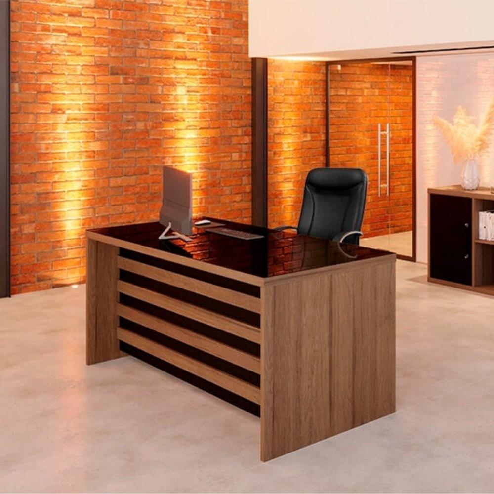 MESA DE ESCRITORIO PREMIUM .. MM CON VIDRIO GIOBEL NOCE | NEGRO ABB-327886