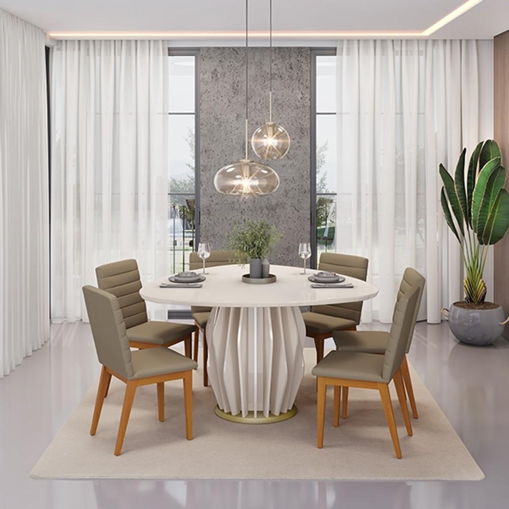 CONJUNTO COMEDOR CON VIDRIO REDONDO TOKYO SILLAS SOFIA DJ OFF WHITE | MADERA LINHO BEGE ABB-343251