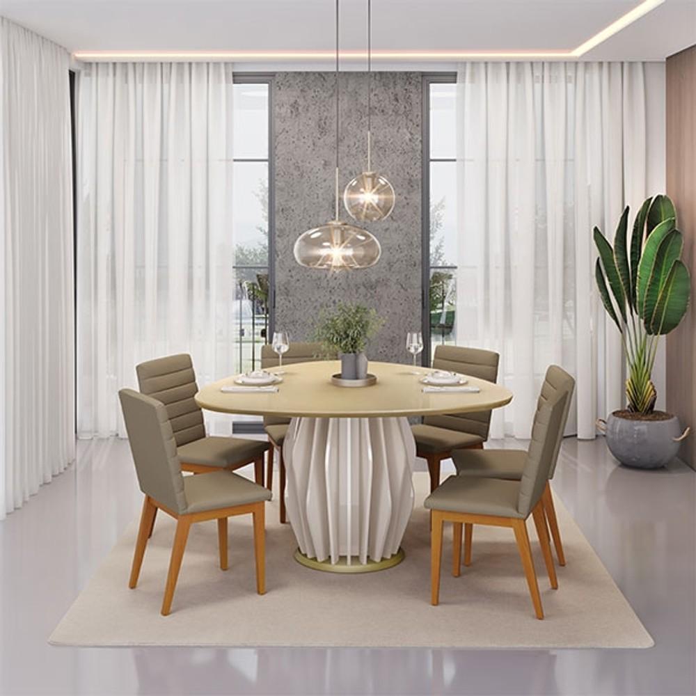 CONJUNTO COMEDOR CON VIDRIO REDONDO TOKYO SILLAS SOFIA DJ OFF WHITE DOURADO | MADERA LIN ABB-343268
