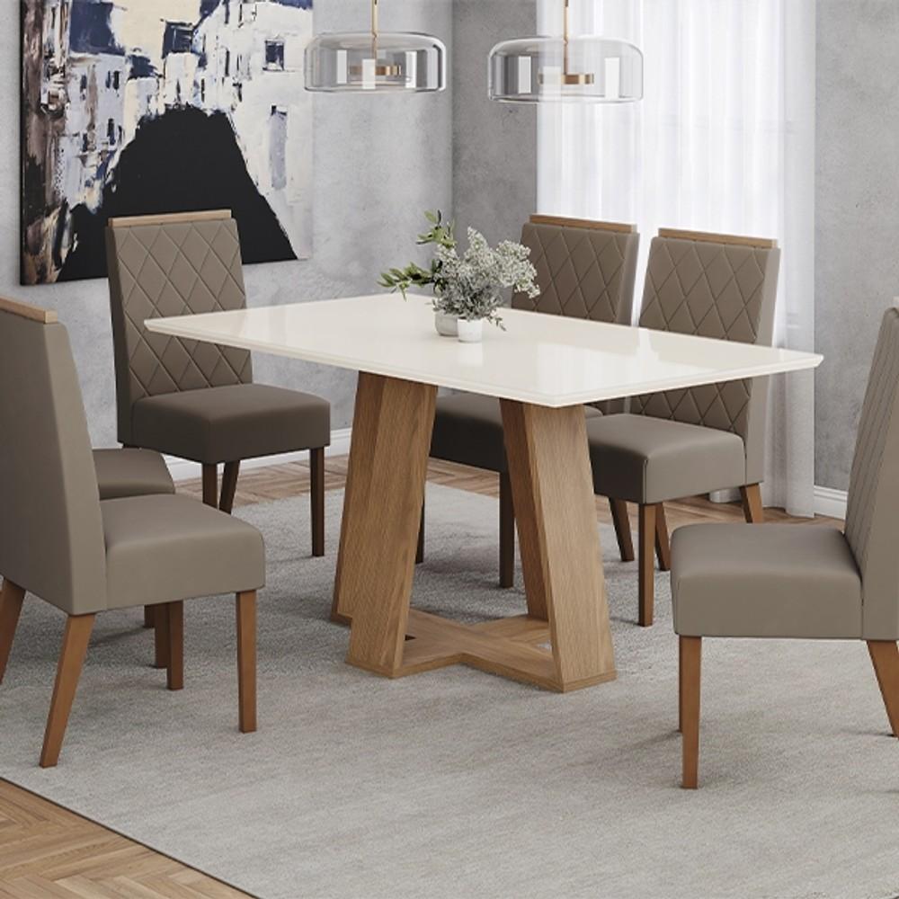 CONJUNTO COMEDOR RECTO CON VIDRIO LINS SILLAS NINA HENN OFF WHITE | TELA MARRON ALME ABB-367653