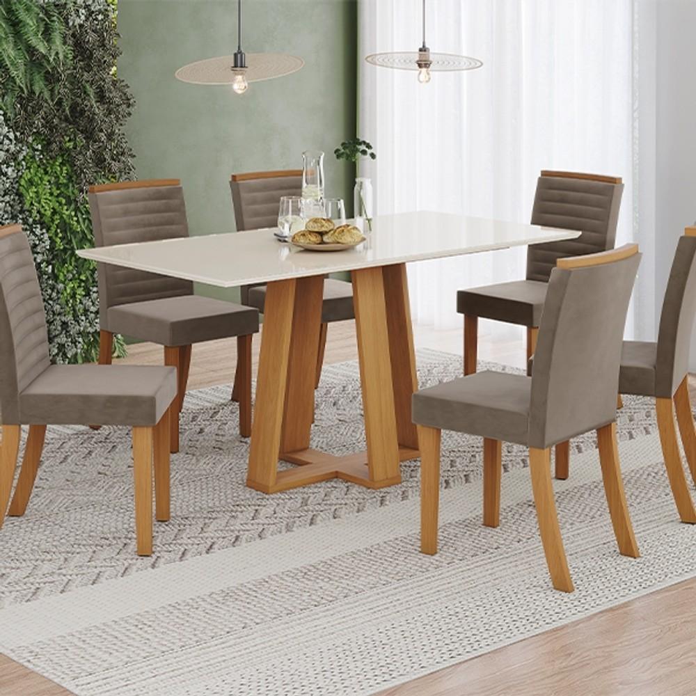 CONJUNTO COMEDOR LISA RECTO CON VIDRIO SILLAS THAINÁ CINAMOMO|OFF WHITE | MARRON ALM ABB-369190