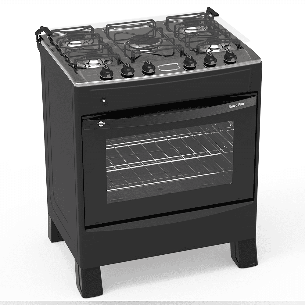 COCINA A GAS TOKYO BRAVO PLUS 5H C/ENC. NEGRA MESA INOX COMANDO SUPERIOR COTOIRP5H