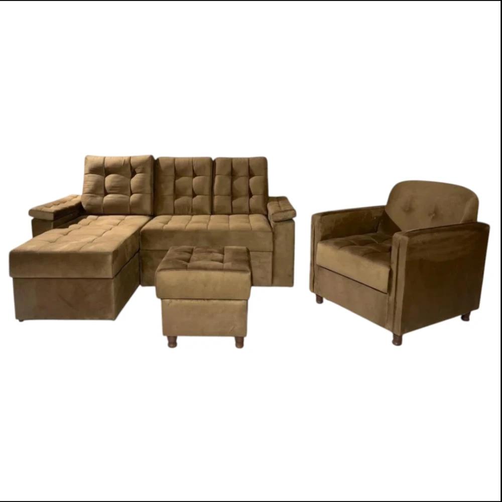 Sofá Unanime Ypane 3L + Poltrona + Puff Beige SEL-5ea978eb