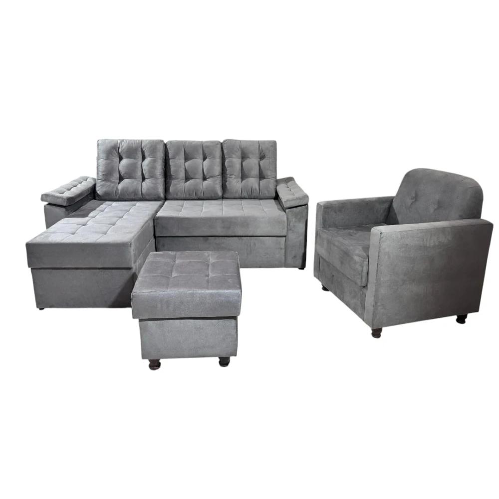Sofá Unanime Ypane 3L + Poltrona + Puff Gris SEL-75cc8740