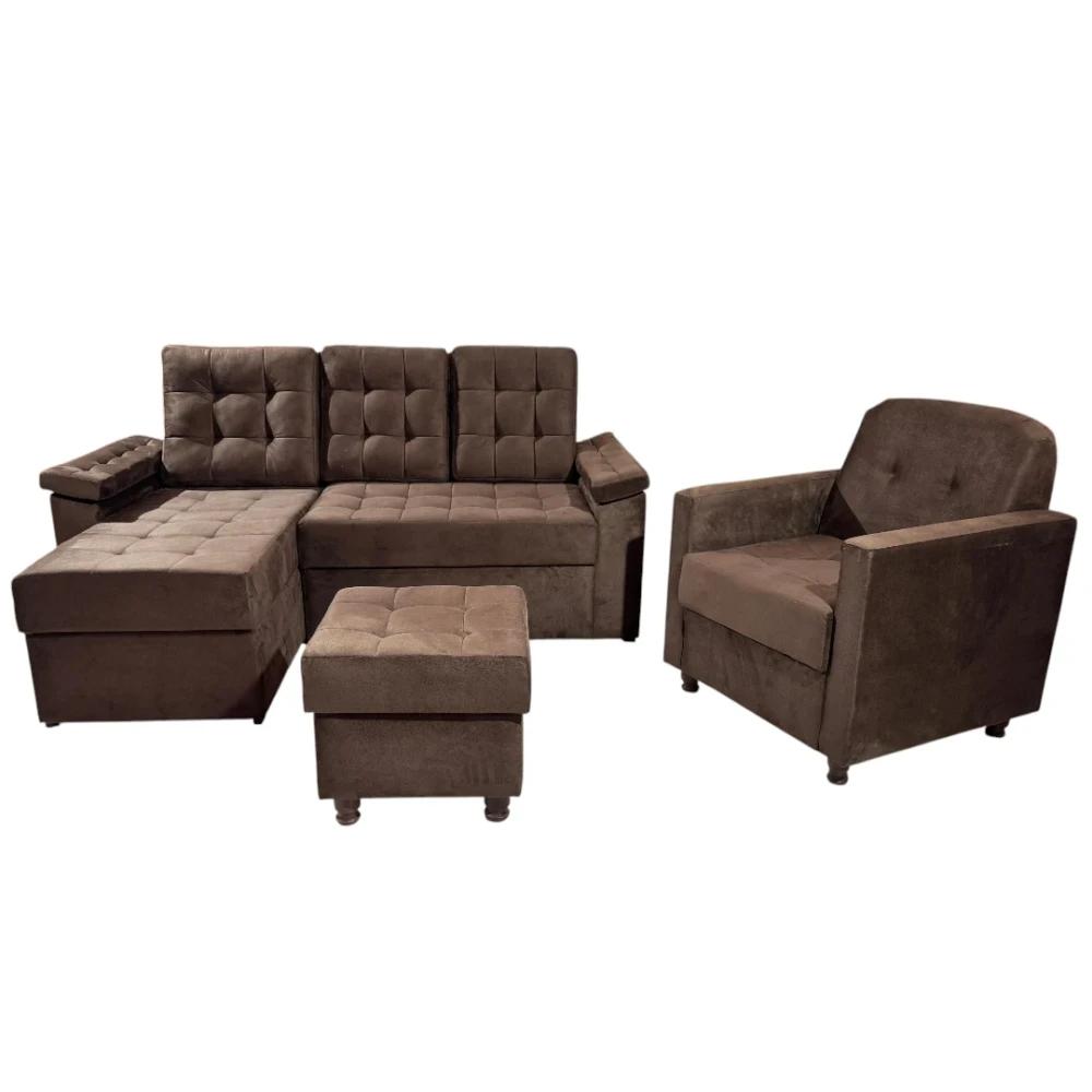 Sofá Unanime Ypane 3L + Poltrona + Puff Marrón SEL-b8906f15